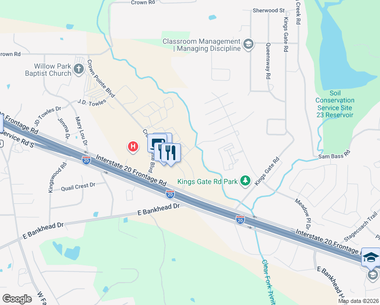 map of restaurants, bars, coffee shops, grocery stores, and more near 220 Shops Boulevard in Willow Park