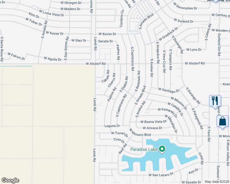 map of restaurants, bars, coffee shops, grocery stores, and more near 14865 Padres Road in Arizona City