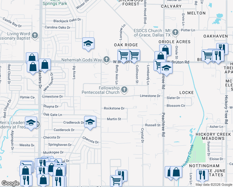 map of restaurants, bars, coffee shops, grocery stores, and more near 11003 Limestone Drive in Balch Springs