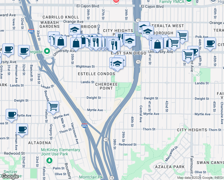 map of restaurants, bars, coffee shops, grocery stores, and more near 3650 38th Street in San Diego
