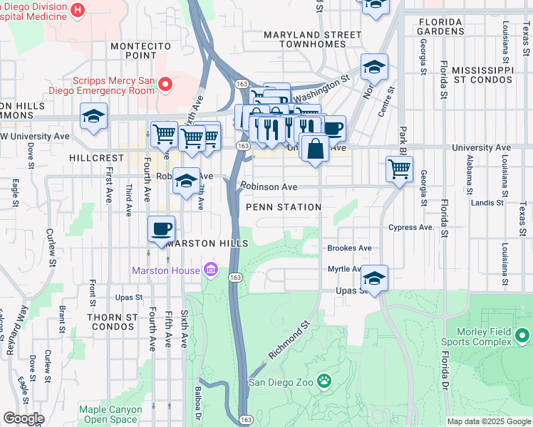 map of restaurants, bars, coffee shops, grocery stores, and more near 1034 Cypress Way in San Diego