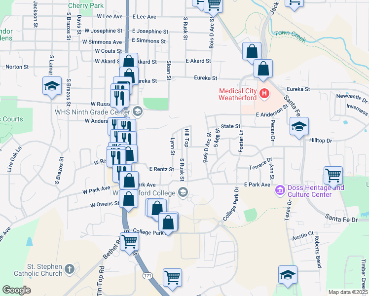 map of restaurants, bars, coffee shops, grocery stores, and more near 1129 South Rusk Street in Weatherford