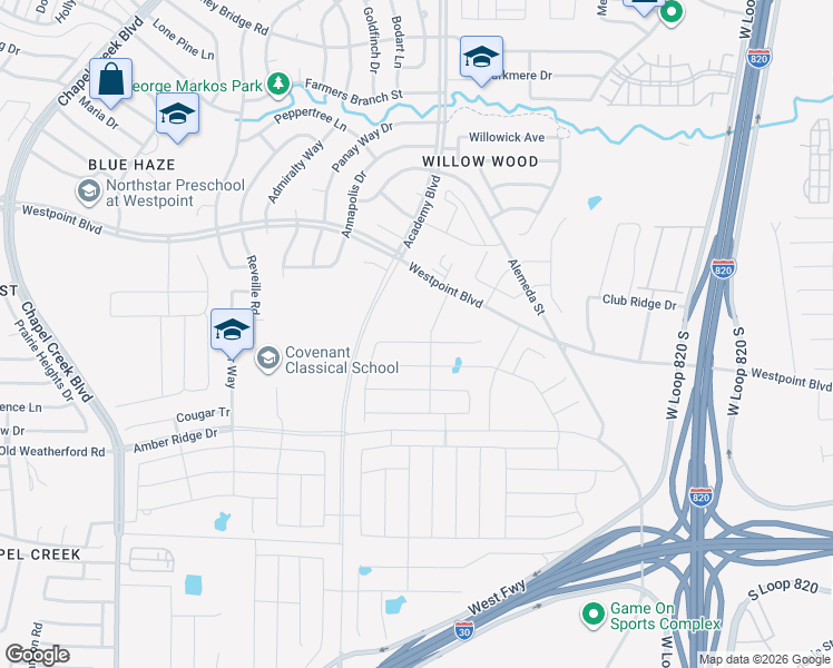 map of restaurants, bars, coffee shops, grocery stores, and more near 1204 Westpoint Boulevard in Fort Worth