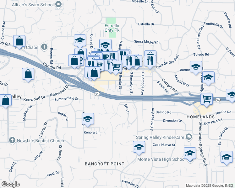 map of restaurants, bars, coffee shops, grocery stores, and more near 3600 South Bonita Street in Spring Valley