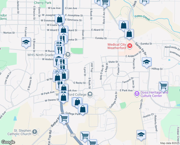 map of restaurants, bars, coffee shops, grocery stores, and more near 1127 South Rusk Street in Weatherford
