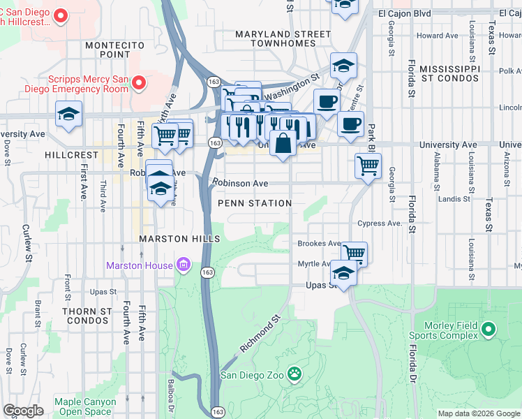 map of restaurants, bars, coffee shops, grocery stores, and more near 1211 Pennsylvania Avenue in San Diego