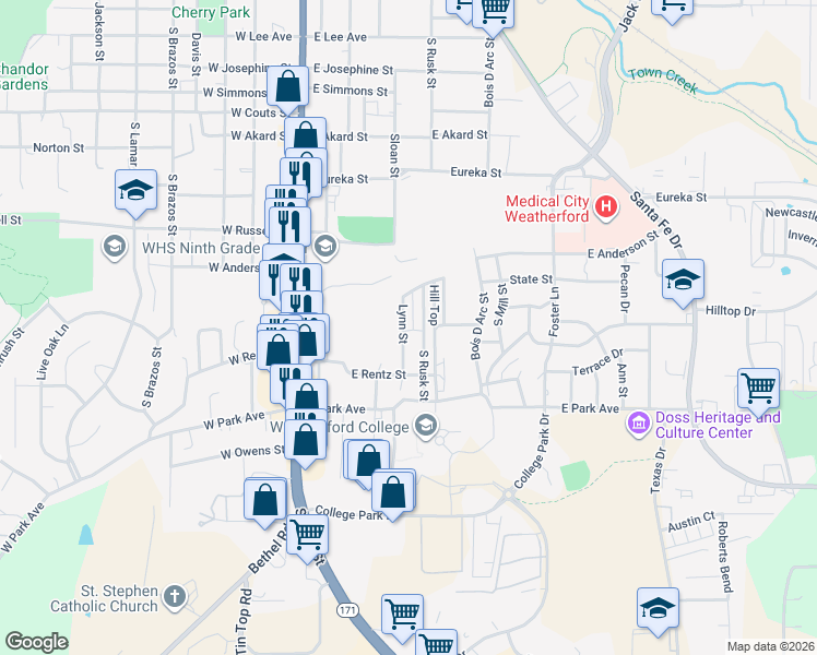 map of restaurants, bars, coffee shops, grocery stores, and more near 1111 Lynn Street in Weatherford