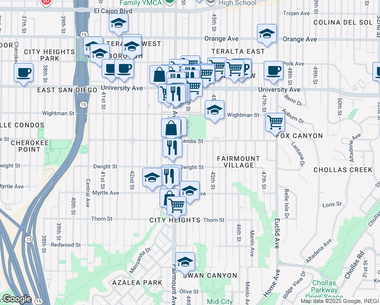 map of restaurants, bars, coffee shops, grocery stores, and more near 3655 44th Street in San Diego