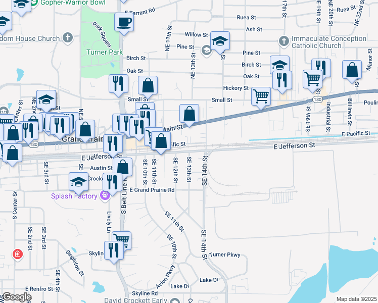 map of restaurants, bars, coffee shops, grocery stores, and more near E Jefferson St & SE 13th St in Grand Prairie