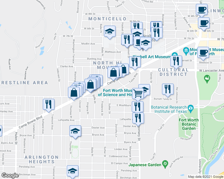 map of restaurants, bars, coffee shops, grocery stores, and more near 3834 Tulsa Way in Fort Worth