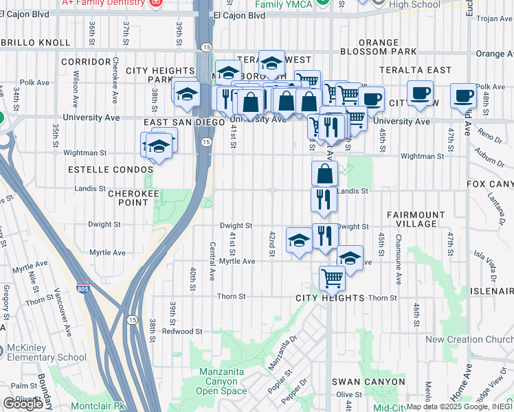 map of restaurants, bars, coffee shops, grocery stores, and more near in San Diego