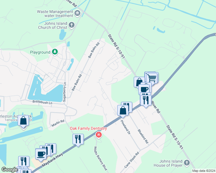 map of restaurants, bars, coffee shops, grocery stores, and more near 8B Stardust Way in Johns Island
