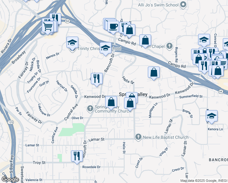 map of restaurants, bars, coffee shops, grocery stores, and more near 9110 Kenwood Drive in Spring Valley