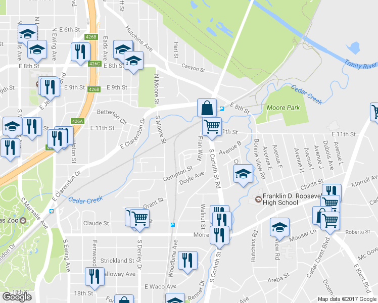 map of restaurants, bars, coffee shops, grocery stores, and more near 5 Fiji Street in Dallas