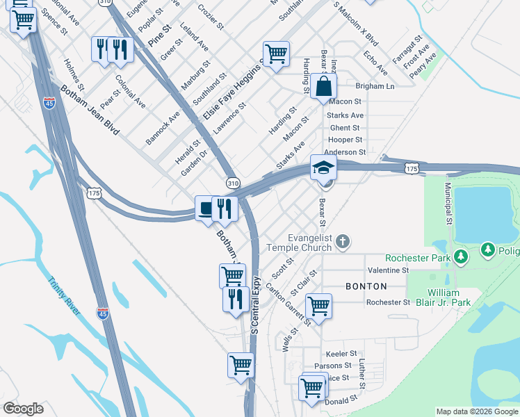 map of restaurants, bars, coffee shops, grocery stores, and more near 2210 Hooper Street in Dallas