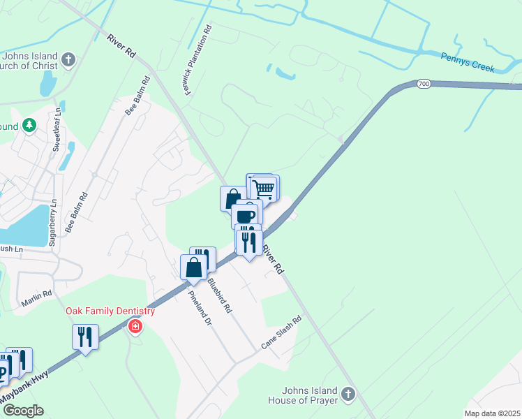 map of restaurants, bars, coffee shops, grocery stores, and more near 2770 Maybank Highway in Johns Island