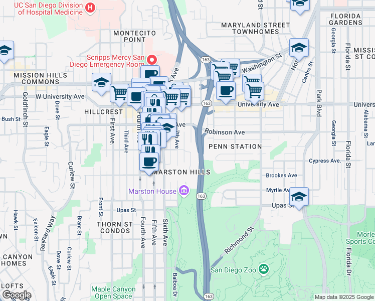 map of restaurants, bars, coffee shops, grocery stores, and more near 736 Pennsylvania Avenue in San Diego
