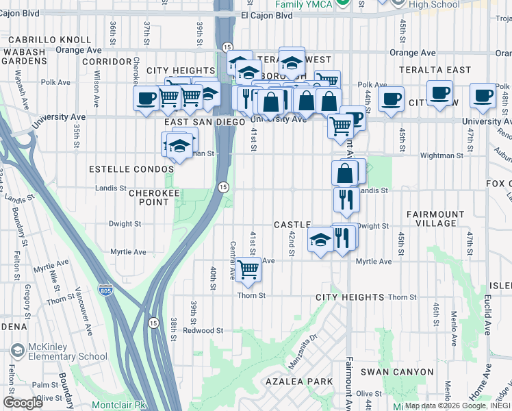 map of restaurants, bars, coffee shops, grocery stores, and more near 3645 41st Street in San Diego