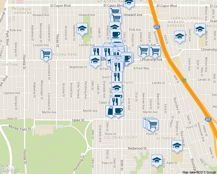 map of restaurants, bars, coffee shops, grocery stores, and more near 3644 29th Street in San Diego