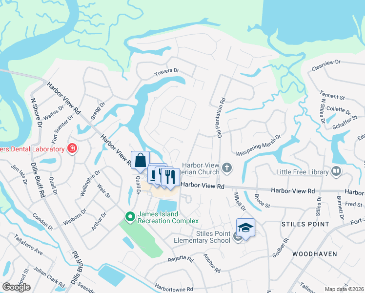 map of restaurants, bars, coffee shops, grocery stores, and more near 745 Shell Sand Road in Charleston