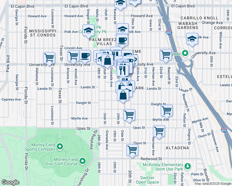 map of restaurants, bars, coffee shops, grocery stores, and more near 3644 29th Street in San Diego