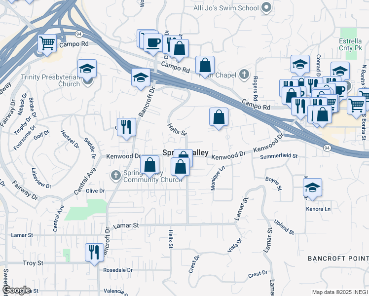 map of restaurants, bars, coffee shops, grocery stores, and more near in Spring Valley