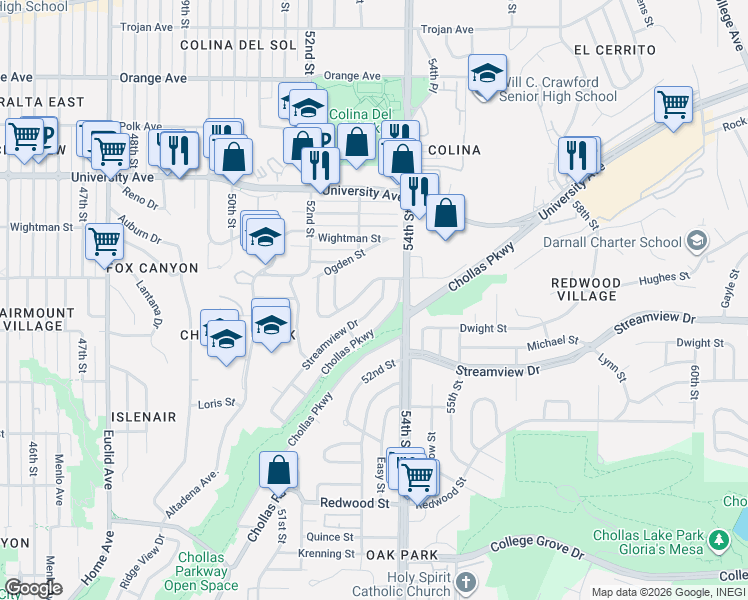 map of restaurants, bars, coffee shops, grocery stores, and more near 5334 Streamview Drive in San Diego