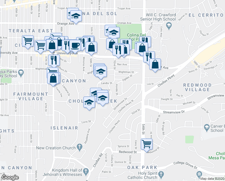 map of restaurants, bars, coffee shops, grocery stores, and more near 3647 Lemona Avenue in San Diego