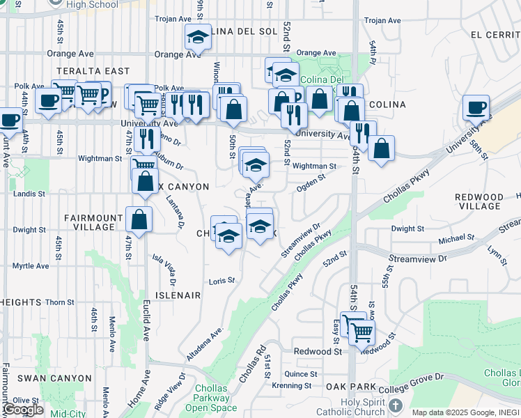 map of restaurants, bars, coffee shops, grocery stores, and more near 3643 Altadena Avenue in San Diego