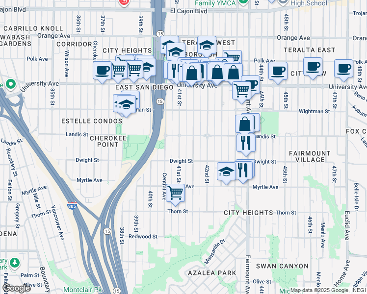map of restaurants, bars, coffee shops, grocery stores, and more near 3645 41st Street in San Diego