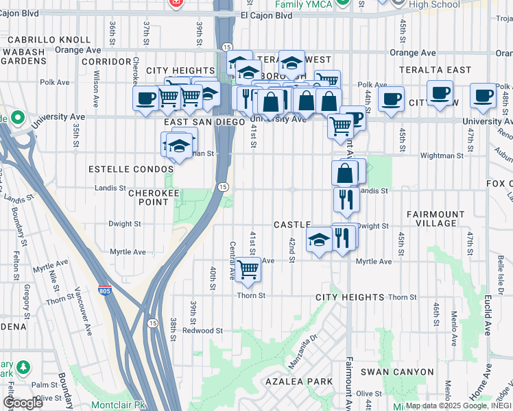 map of restaurants, bars, coffee shops, grocery stores, and more near 3645 41st Street in San Diego