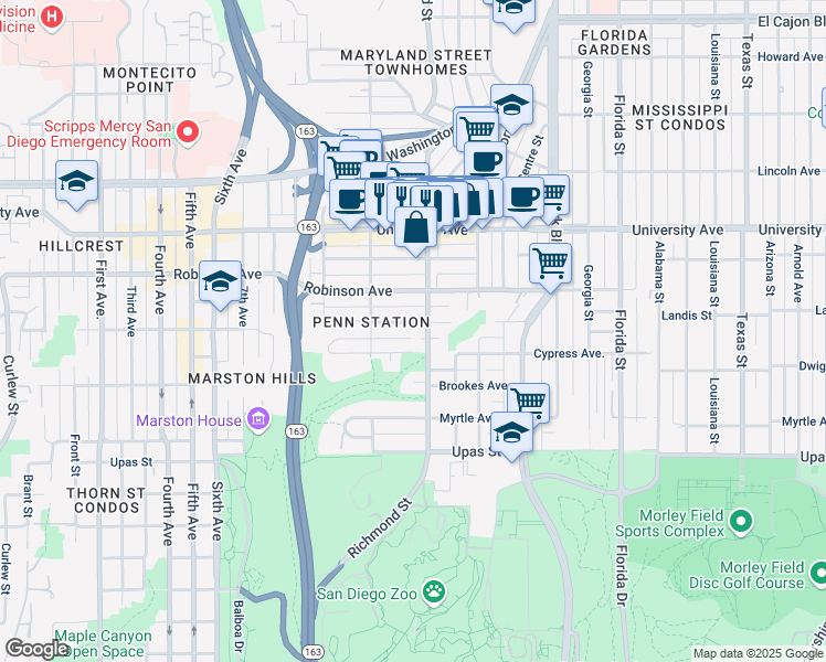 map of restaurants, bars, coffee shops, grocery stores, and more near 3684 Richmond Street in San Diego