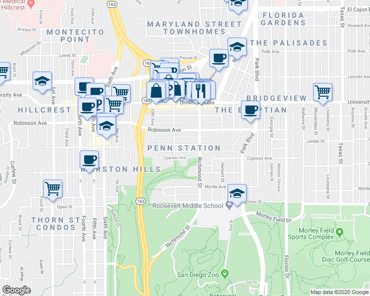 map of restaurants, bars, coffee shops, grocery stores, and more near 1211 Pennsylvania Avenue in San Diego