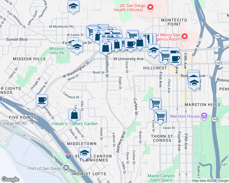 map of restaurants, bars, coffee shops, grocery stores, and more near 825 West Pennsylvania Avenue in San Diego