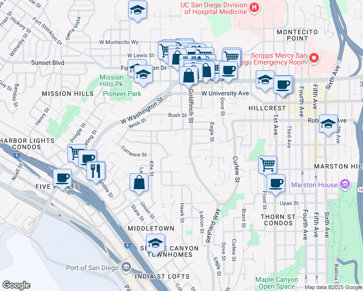 map of restaurants, bars, coffee shops, grocery stores, and more near 3680 Reynard Way in San Diego