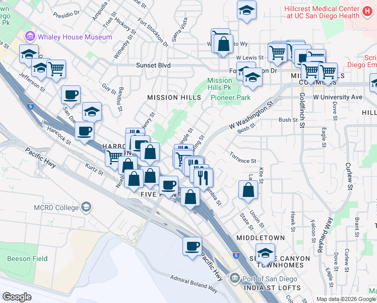 map of restaurants, bars, coffee shops, grocery stores, and more near 1770 Linwood Street in San Diego