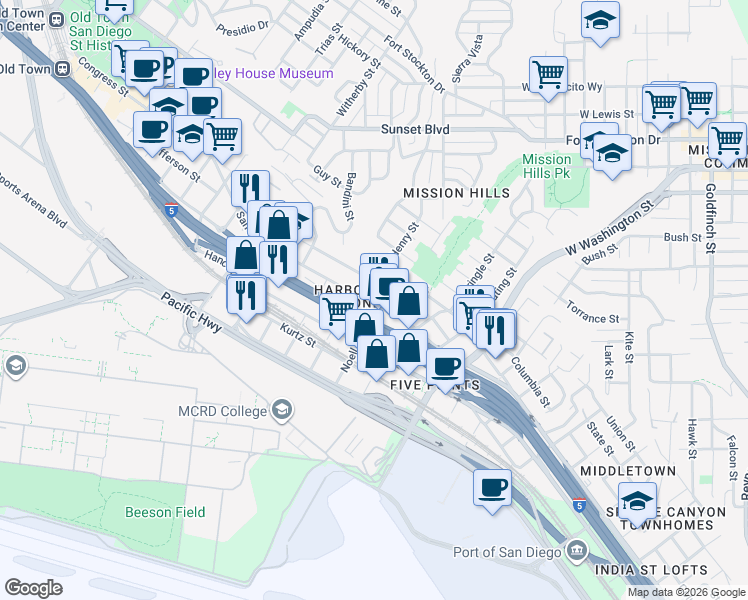 map of restaurants, bars, coffee shops, grocery stores, and more near 1912 San Diego Avenue in San Diego