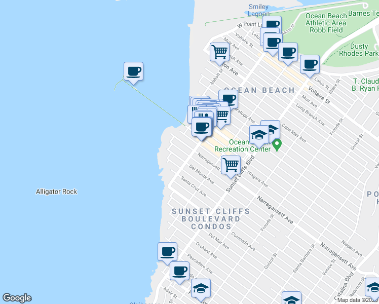 map of restaurants, bars, coffee shops, grocery stores, and more near 5030 Del Monte Avenue in San Diego