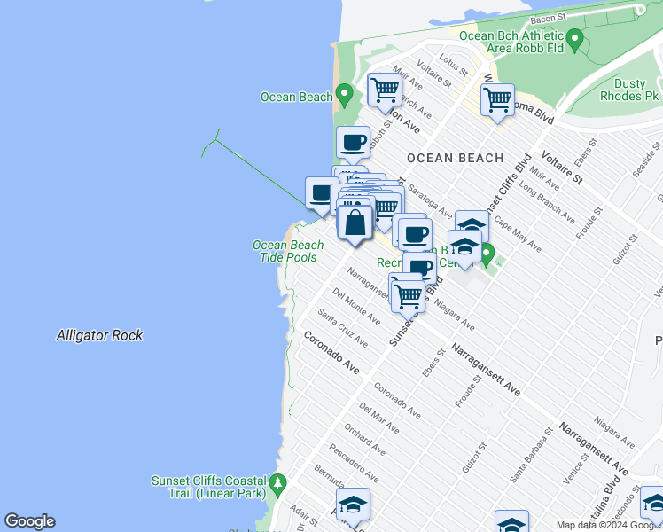 map of restaurants, bars, coffee shops, grocery stores, and more near 5030 Del Monte Avenue in San Diego