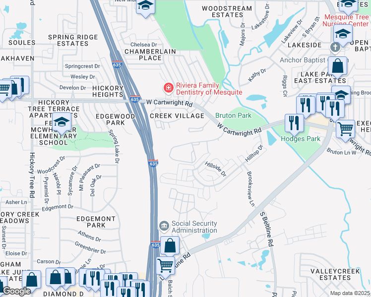 map of restaurants, bars, coffee shops, grocery stores, and more near 500 West Cartwright Road in Balch Springs