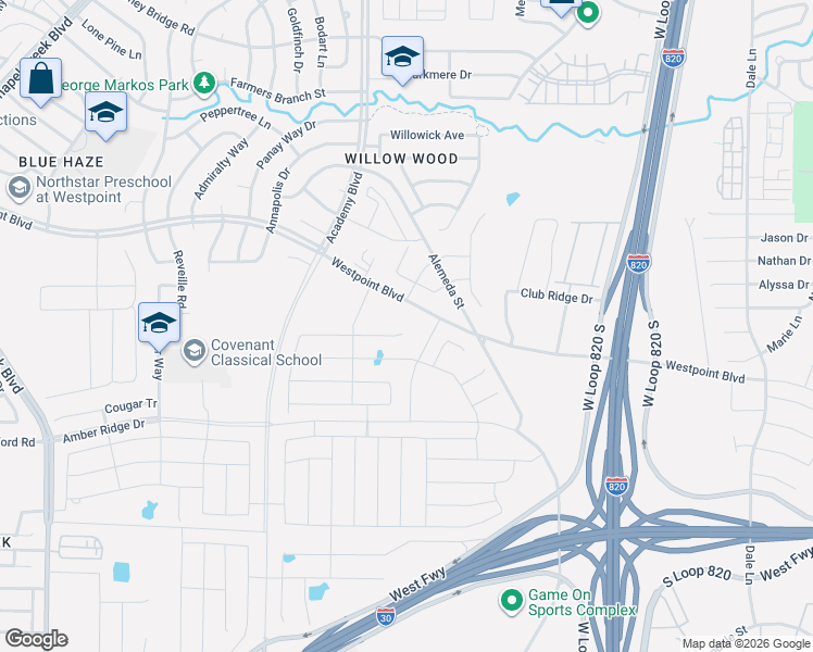 map of restaurants, bars, coffee shops, grocery stores, and more near 1305 Alemeda Court in Fort Worth