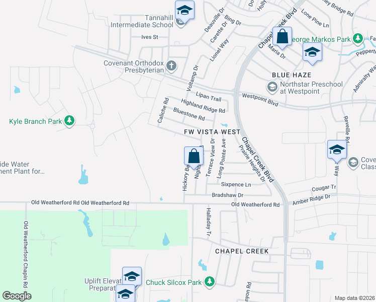 map of restaurants, bars, coffee shops, grocery stores, and more near 1104 Hickory Bend Lane in Fort Worth