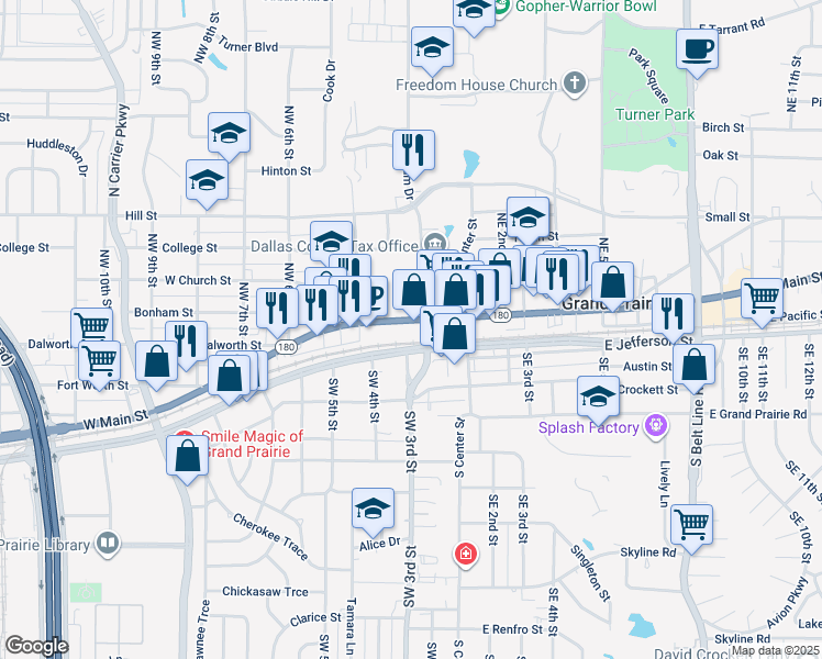 map of restaurants, bars, coffee shops, grocery stores, and more near 110 Southwest 2nd Street in Grand Prairie
