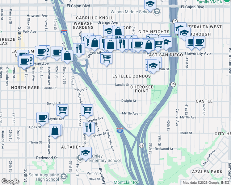 map of restaurants, bars, coffee shops, grocery stores, and more near 3657 Wilson Avenue in San Diego
