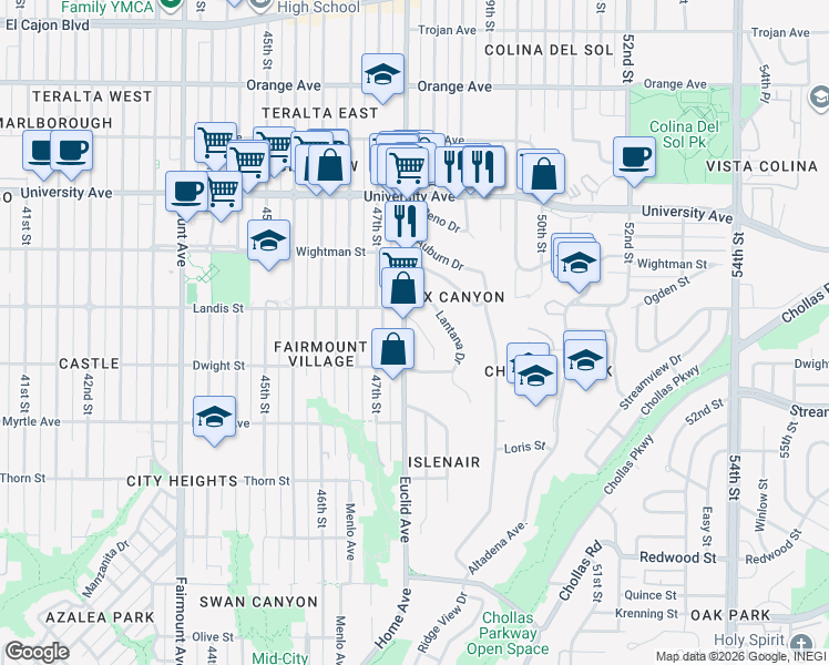 map of restaurants, bars, coffee shops, grocery stores, and more near 4779 Castle Avenue in San Diego