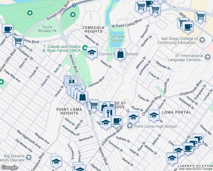 map of restaurants, bars, coffee shops, grocery stores, and more near 2365 Caminito Seguro in San Diego