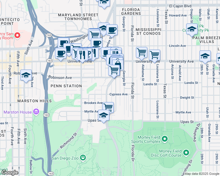 map of restaurants, bars, coffee shops, grocery stores, and more near 3689 Park Boulevard in San Diego