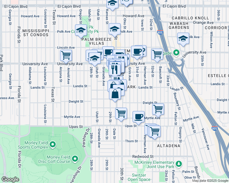 map of restaurants, bars, coffee shops, grocery stores, and more near 3644 30th Street in San Diego