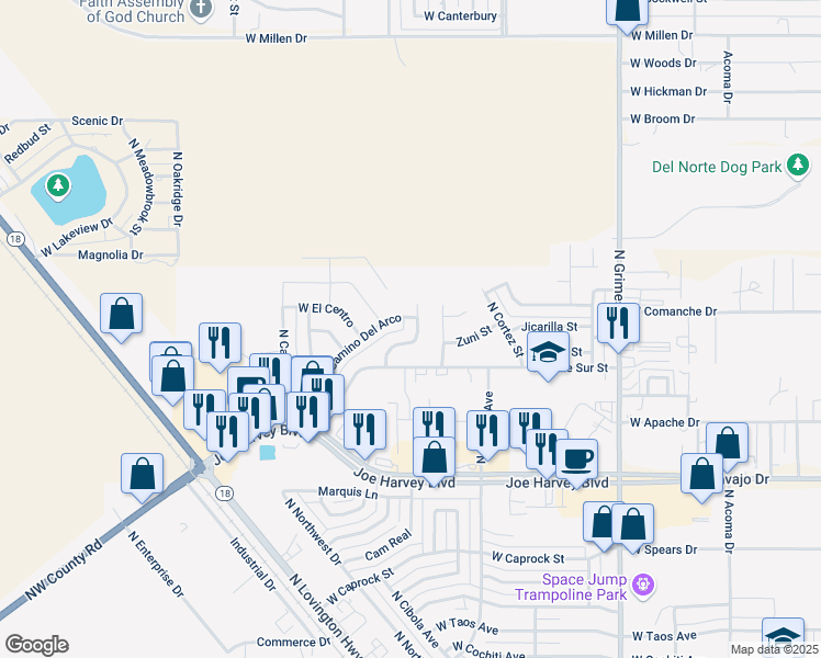 map of restaurants, bars, coffee shops, grocery stores, and more near 4025 Fiesta Drive in Hobbs