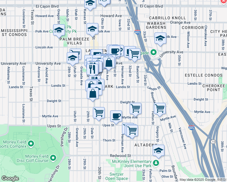 map of restaurants, bars, coffee shops, grocery stores, and more near 3670 31st Street in San Diego